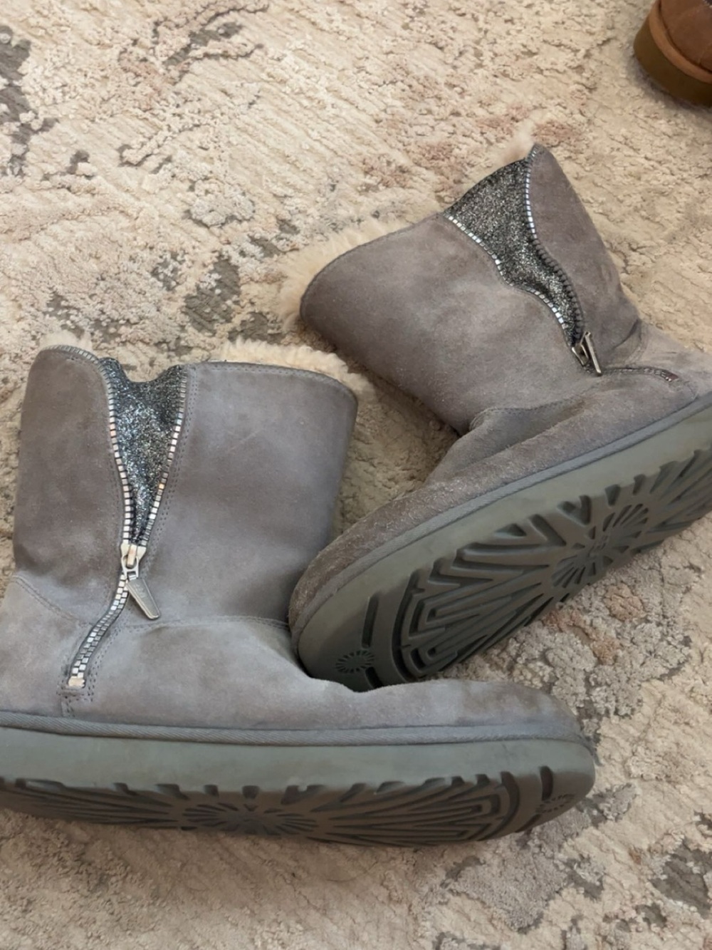 UGG Gray Suede Short Booties with Sparkle Zip Accent